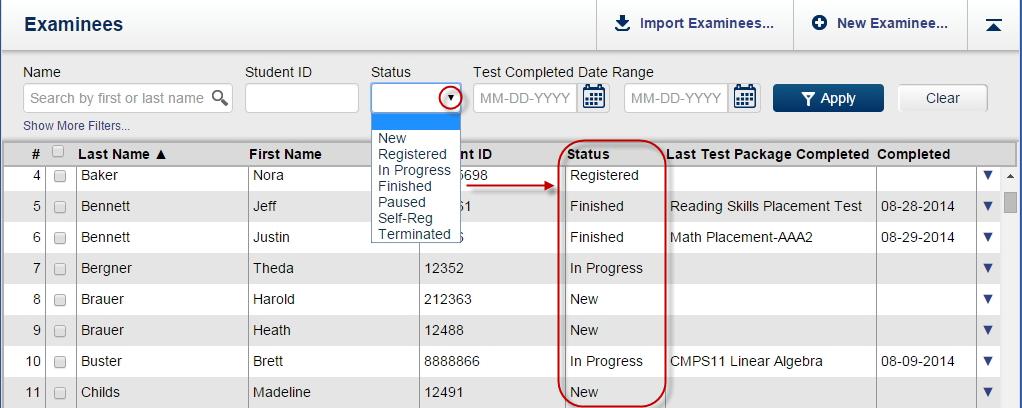 MONITORING THE TESTING STATUS FOR AN EXAMINEE You can find out how far students have progressed in testing by checking the Status column on the Examinees tab.