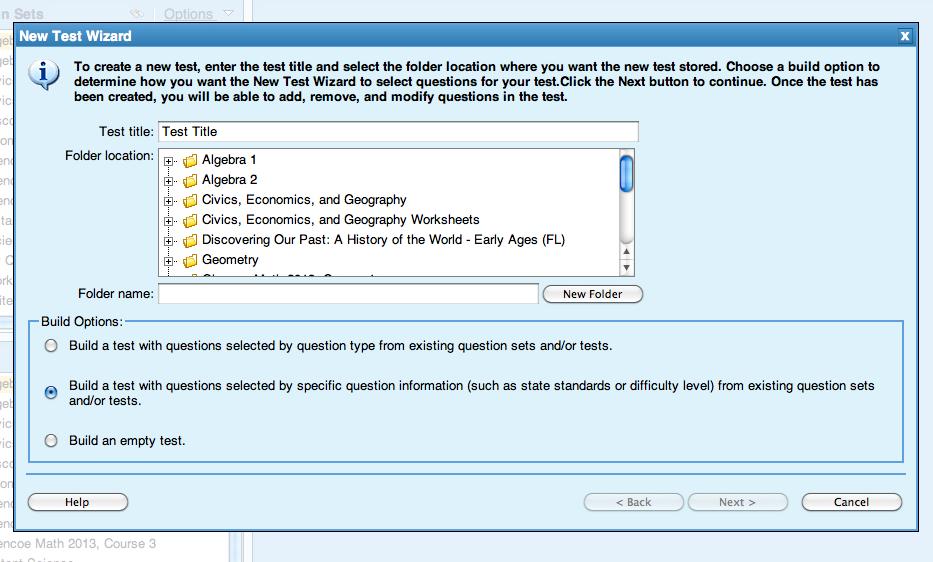 Creating Your Own Test (continued) To build a new test with questions selected by question information: 1. Click the Create a new test link in the Editor pane. 2.