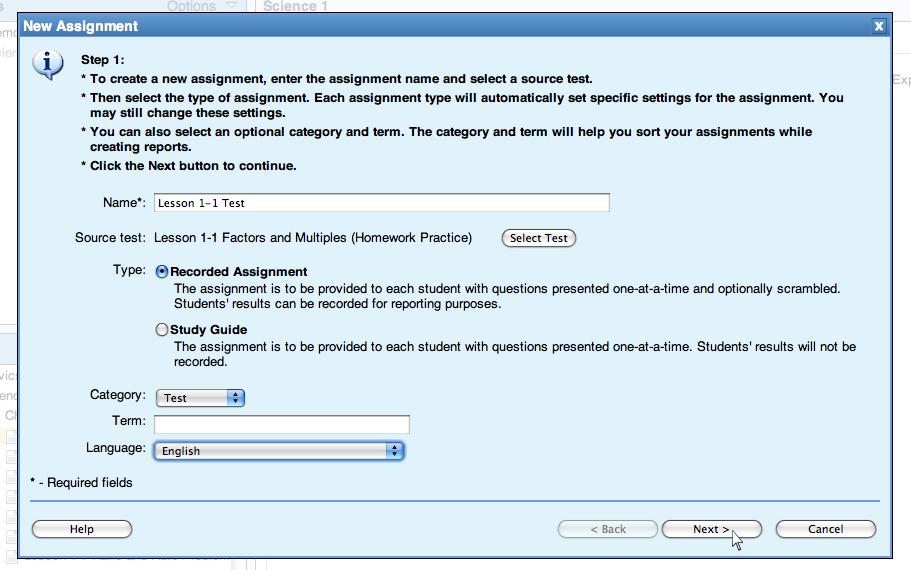 To create an online assignment: 1. Choose Classes and Assignments from the Section menu in the upper right corner. 2.