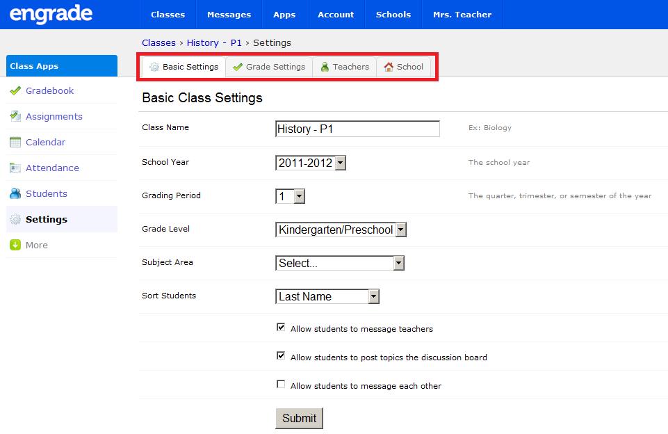 Use the Basic Settings tab to modify the class name or messaging settings. 5.