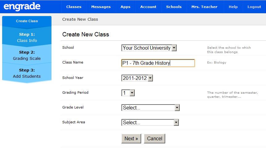 ADDING A CLASS 1. Log into Engrade. 2. From your Class List, click the Create New Class button. 3. First, enter a Class Name.