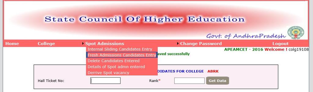 Enter college counselling code and click proceed. Two kinds of candidates Qualified in CET examination as well as not qualified in CET may be there in fresh admissions during spot.