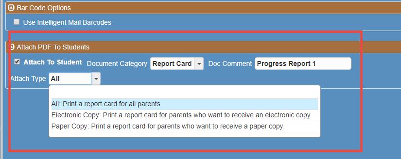 o Check the box to Attach to Student. o Select Report Card from the Document Category drop down. o Enter a comment in the Doc Comment field.