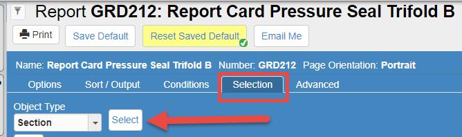 ) NOTE: If desired, the Sort/Output Tab options can be used in combination with printing report cards for a list of sections.