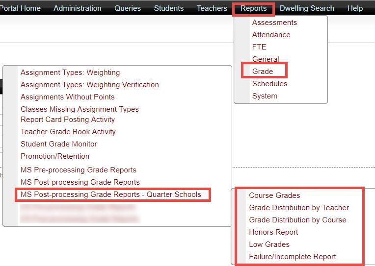 The report can be sorted by Student Name, Course Title, Teacher Name or Grade Level. The report will export to CSV (Excel) for multiple uses. b. Report SSP6030Q Grade Distribution by Teacher Shows a breakdown of all posted grades, sorted by teacher c.