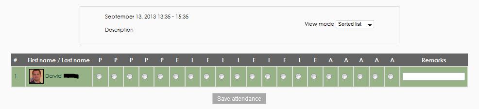 Note that when taking attendance, the column headings for attendance status are links.