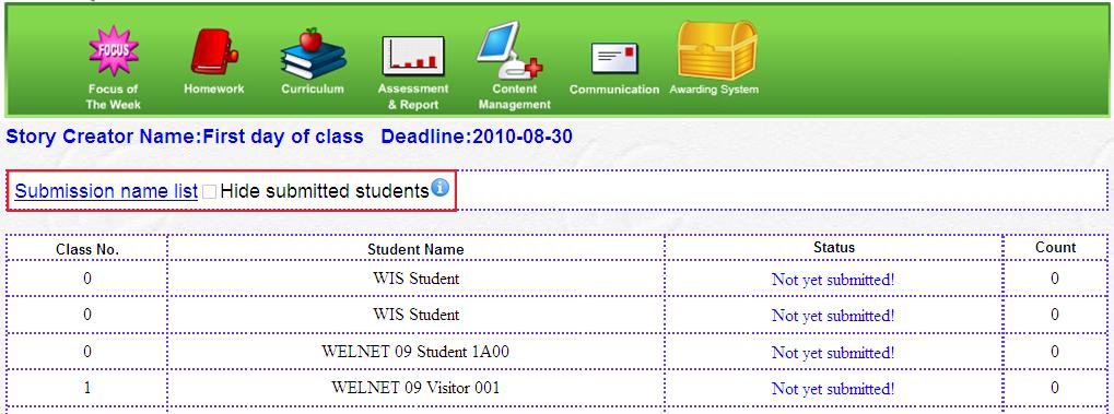 Click on the homework name in the table to view the material. Click on the number under Submission to check students submission.