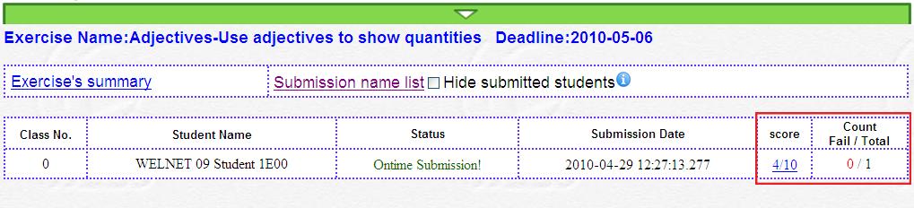Click Submission name list to show the students who have handed in their assignments.