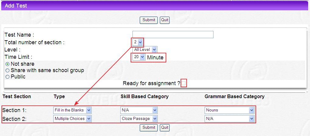 8.2.3 Uploading Tests Teachers can devise tests including sections of multiple exercise and skill-based types