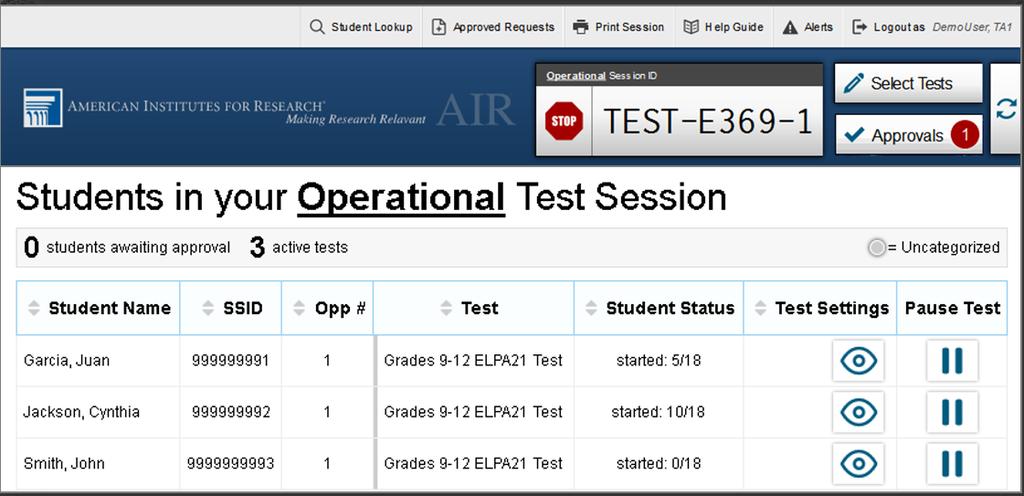 10. Monitor students progress throughout testing. Students test statuses appear in the Students in Your Test Session table. Students must be supervised at all times during testing by a trained TA.