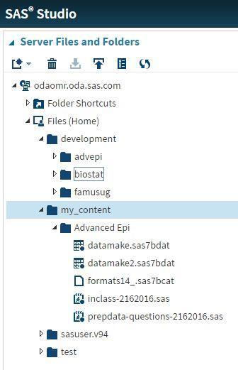 Display 9. SAS OnDemand for Academics: Studio Shared Course Server Space In Display 9, the highlighted folder my_content is the shared folder on the server.
