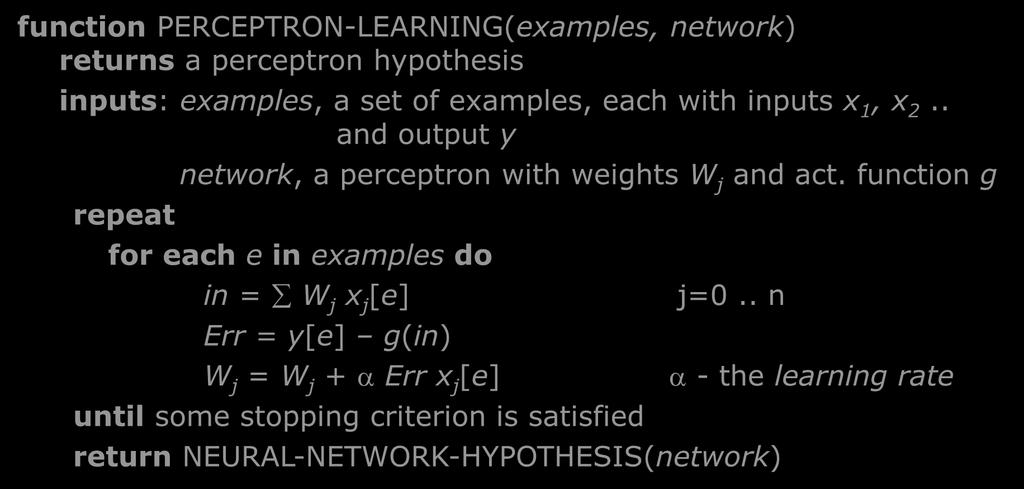Perceptron learning algorithm (cont.) function PERCEPTRON-LEARNING(examples, network) returns a perceptron hypothesis inputs: examples, a set of examples, each with inputs x 1, x 2.