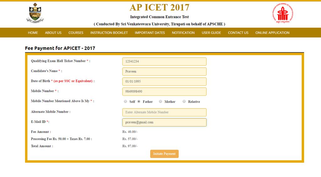 After clicking on Fee Payment Tab, a fee payment webpage will be displayed as shown in the screen below. Fill in ALL the mandatory details given in the web page.