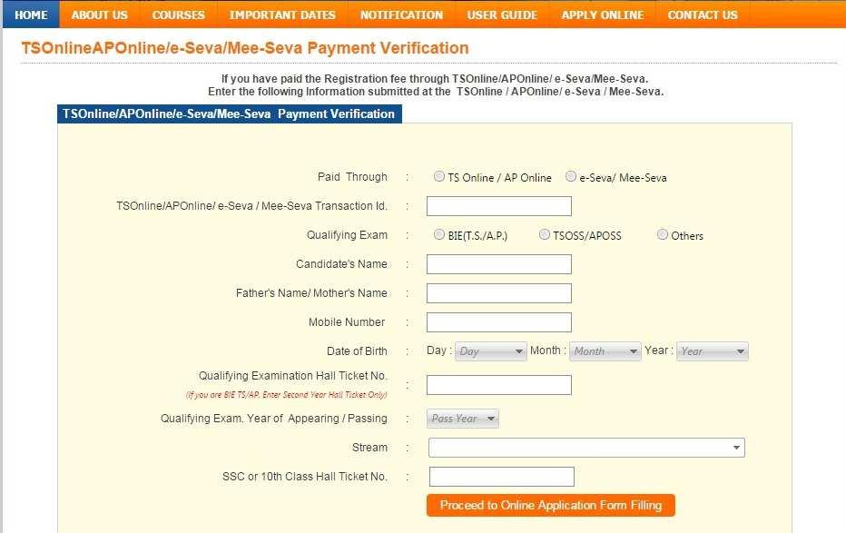 4. In the new page, select the appropriate Registration Fee payment mode (TS Online / AP Online / e-seva / Mee Seva or Debit / Credit card).