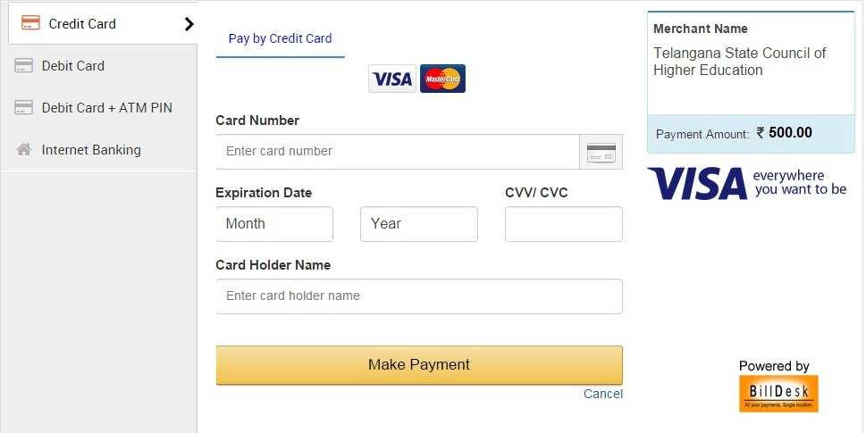 Enter the Credit Card / Debit Card details and click on