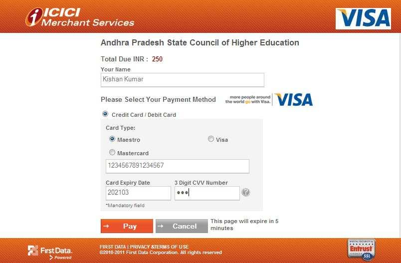 For ICICI BANK PAYMENT GATEWAY: Enter the relevant details like Card Holder Name, select Credit Card / Debit Card, select Card Type, Card Number is to be entered in the specified box, Card Expiry