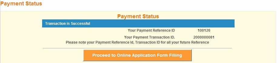 The confirmation of successful payment of Registration Fee is shown with the Transaction is successful item in the below web page Payment Status along with Reference Id. and Transaction Id.