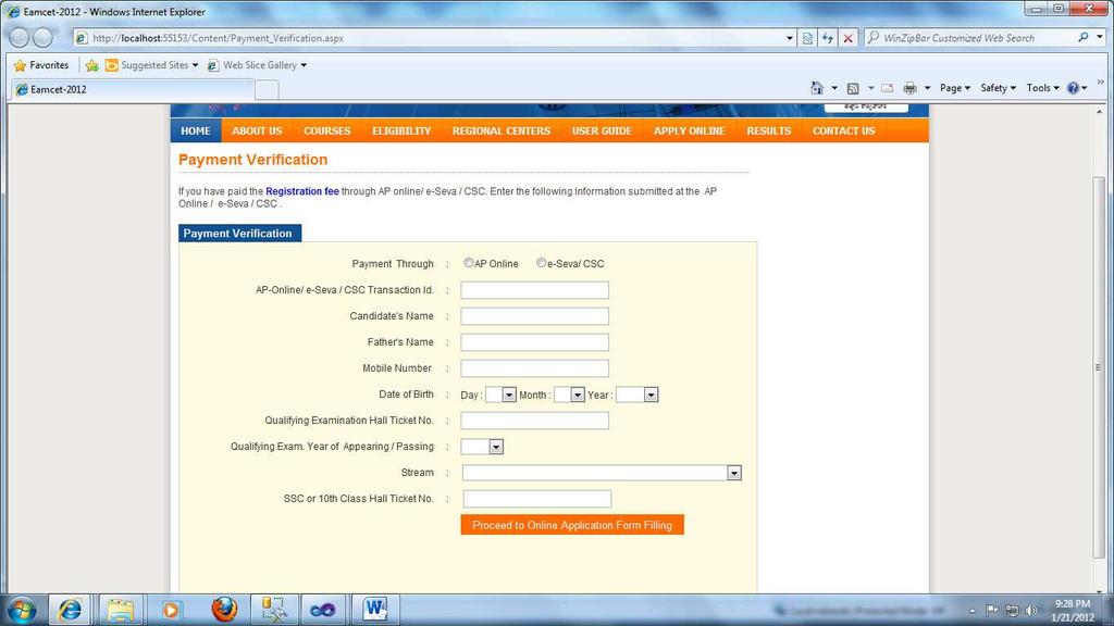 4. In the new page, select the appropriate Registration Fee payment mode (AP Online / e-seva / Mee Seva or Debit / Credit card).