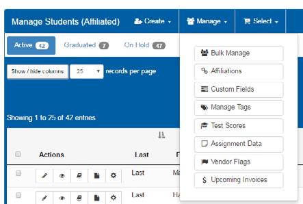 Click the Manage dropdown, then click Bulk Manage [9] from your Manage Students page.