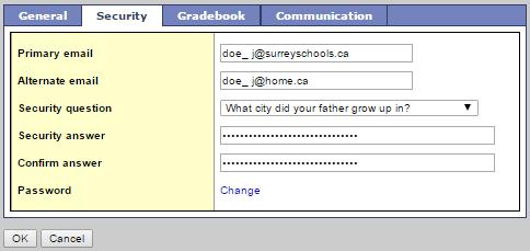 B. Security Tab The SECURITY tab in Set Preferences records your Surrey Schools email address and security question and answer.