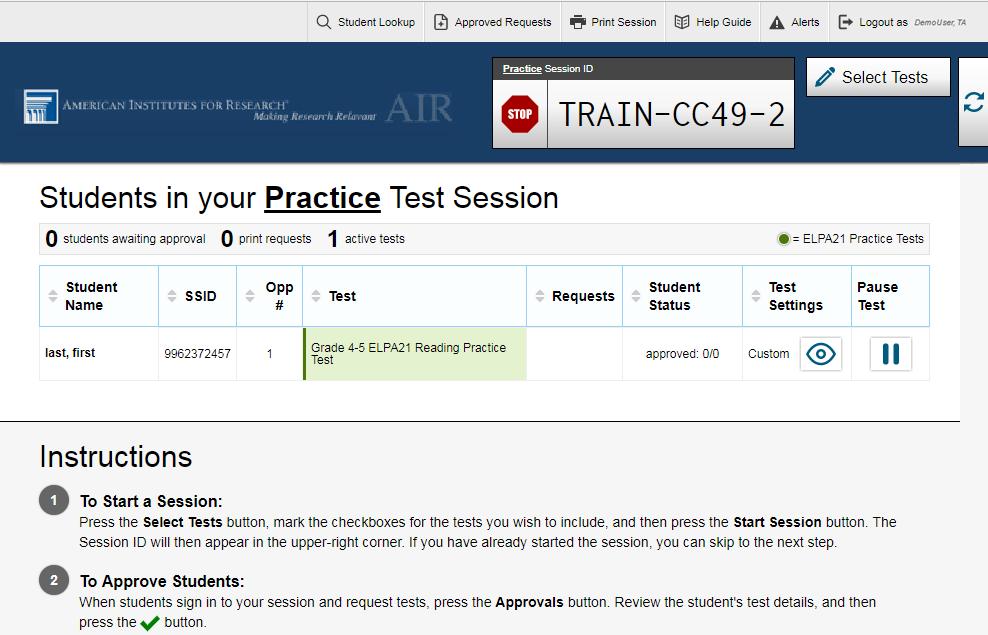 10. Monitor students progress throughout testing. Students test statuses appear in the Students in Your Practice Test Session table.