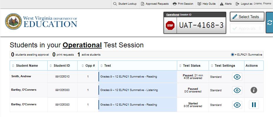 10. Monitor students progress throughout testing. Students test statuses appear in the Students in Your Test Session table. Students must be supervised at all times during testing, by a trained TA.