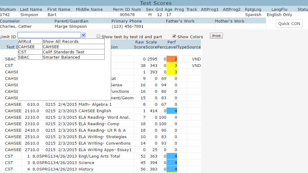 Testing Administration dropdown menu - select which year for the respective test selected 1 2 B.