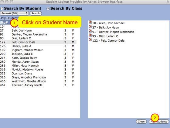 Step #5 Now you will see a list of students rostered to that teacher. As you click on the student name, it will move that name into the right hand box.