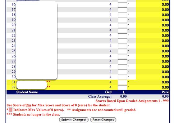 C. Dropped Student(s) In your gradebooks, you will now see the "dropped" students on the bottom of the list highlighted in yellow with several red asterisks indicating that students are no longer in
