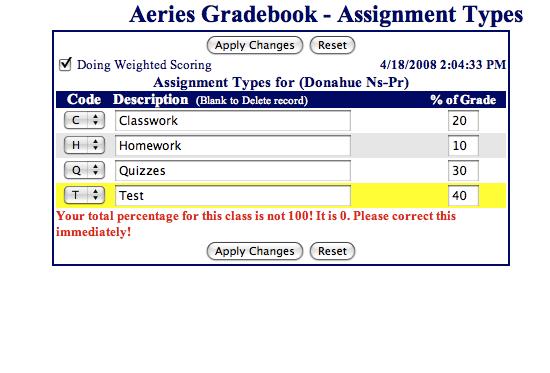 Edit Assignment Types - Step #2 NOT weighted... 1. Enter a Desciption (ie: Assignment) 2. "100" in the "% of Grade" field 3. Click "Apply Changes" Doing Weighted Scoring 1.