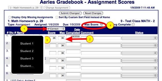 Notice the points possible in this example, 36 is automatically entered in the Max Score Field. 3. Enter in the student score in the cell on the left.