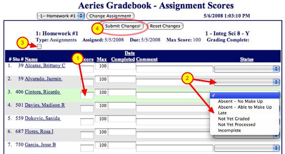 Assignment Scores 1. Enter Scores for each student "Return" to advance to next student 2. You can add a "Status" or "Comment" to any assignment for your documentation 3.