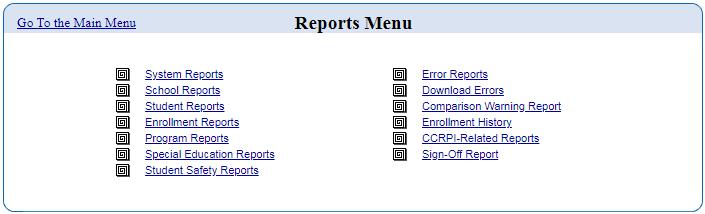 SR Reports Menu Student Record reports are grouped by Record type for convenient access. Student Record reports should be used to verify the data the district reported in Student Record to the GaDOE.