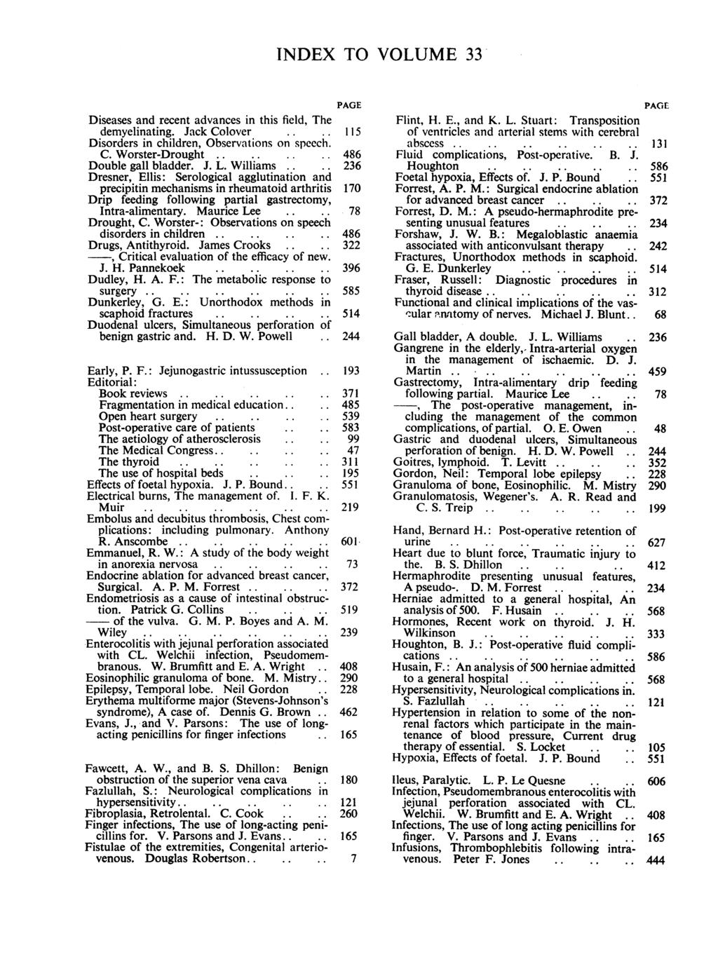 INDEX TO VOLUME 33 Diseases and recent advances in this field, The demyelinating. Jack Colover Disorders in children, Observations on speech. C. Worster-Drought.. Double gall bladder. J. L.