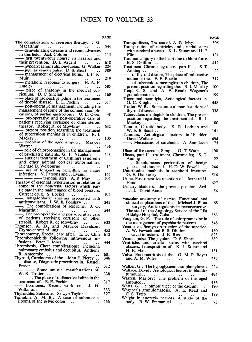INDEX TO VOLUME 33 The complications of reserpine therapy. J. G. Macarthur..... 544 - demyelinating diseases and recent advances in this field. Jack Colover.