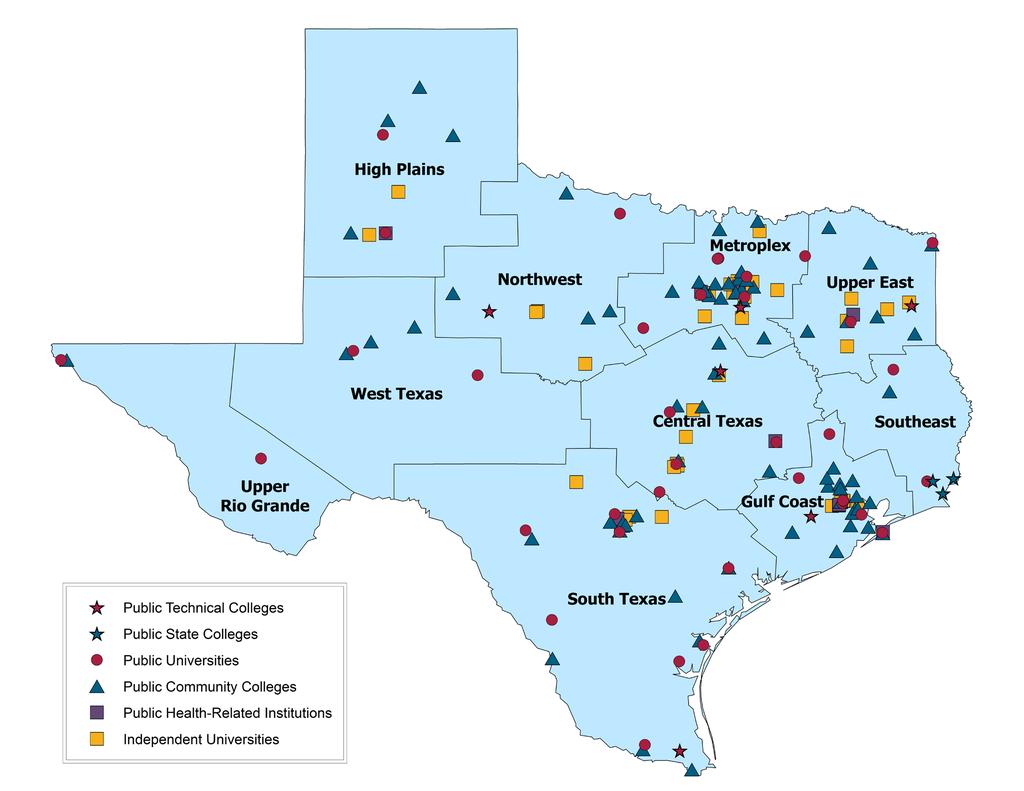 Texas higher education has broad geographical reach Map of Public and Independent Institutions (Main Campuses Only) In addition to main campuses, there are 344 other public higher education locations