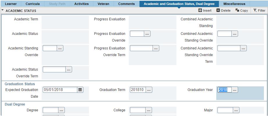 Enter the graduation date (mm/dd/yyyy) in the EXPECTED GRADUATION DATE field and the term the student will graduate in the GRADUATION TERM field. The Graduation Year will automatically populate. 6.