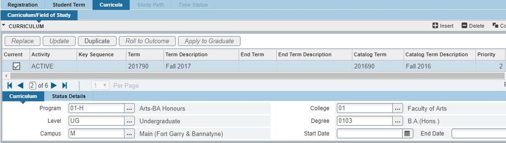 2. Select the CURRICULA tab. Confirm the new program information is correct, and is listed as PRIORITY 1 (i.e. Primary Program).