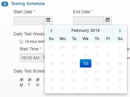 b. Under Testing Schedule, pick the days you will allow for the assessment in the calendar boxes: Please note: this window will be available for paper testing.