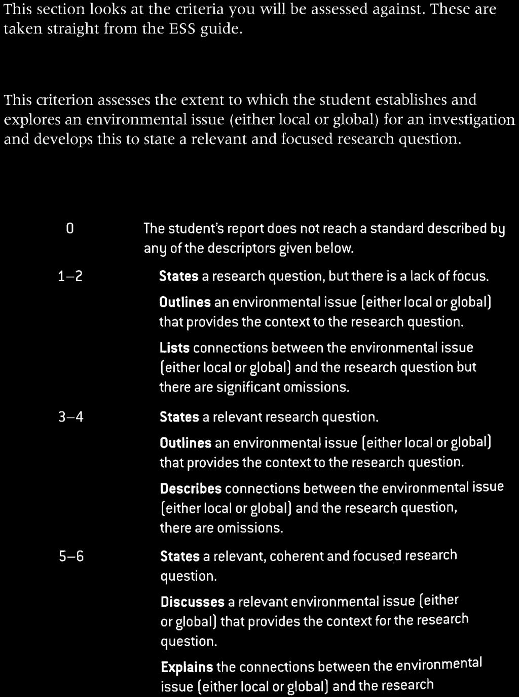 This criterion assesses the extent to which the student establishes and explores an environmental issue (either local or global) for an investigation and develops this to state a relevant and focused