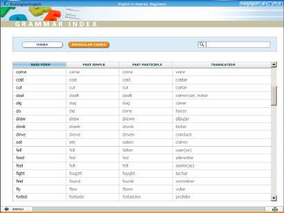 Grammar Index and Irregular Verbs Grammar There are two tabs at the top of the screen Grammar Index and Irregular Verbs.
