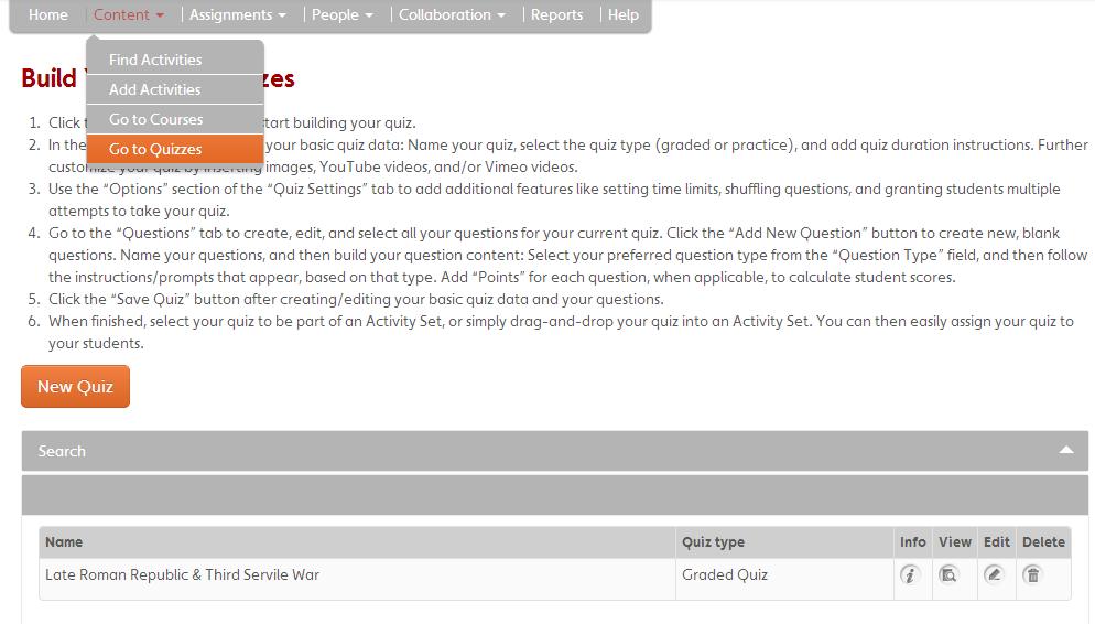 User Guide Build Your Own Quizzes 15 Build Your Own Quizzes Click Content > Go to Quizzes.