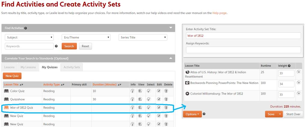 You can then add your quiz to any Activity Set by either selecting it or dragging and dropping it into the Activity Set Builder.