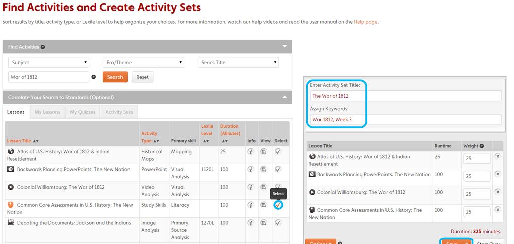 Build multimedia activity sets out of different activity types. Name your activity set where it says Enter Activity Set Title, Assign Keywords to make it easily searchable, and Save it.