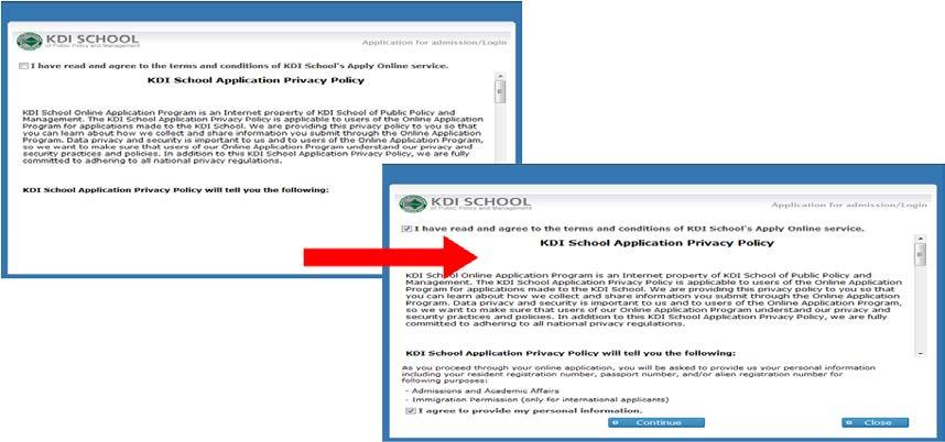 3. The KDI School Application Privacy Policy appears after clicking the Create account button.