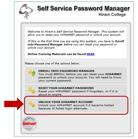 To Unlock Your Password 1. Select Password Manager from the Hiram College home page. 2.