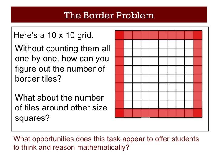 Now let s look at The Border Problem. What opportunities does this task appear to offer students to think and reason mathematically? Slide 14 There are many approaches available here. E.g.