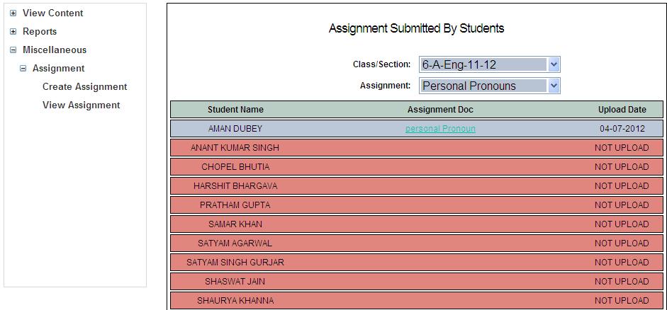 4. Following screen appears, showing list of students