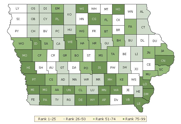 The maps on this page and the next display Iowa s counties divided into groups by health rank. Maps help locate the healthiest and least healthy counties in the state.