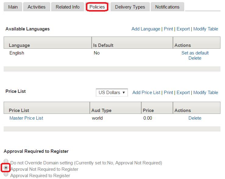 Setup Manager Approval to Register Click Policies tab in the top menu of the Course Details.